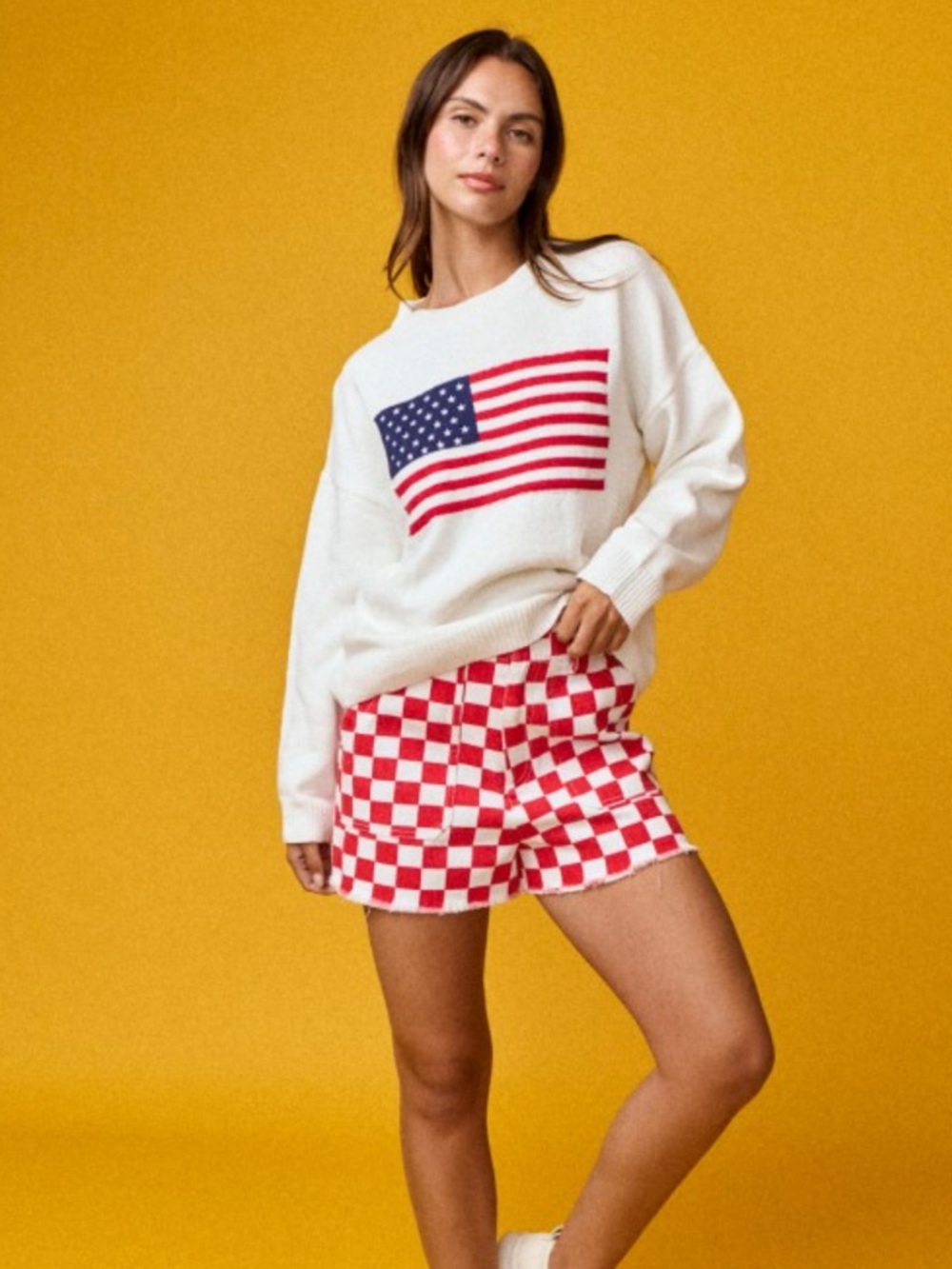 642. Red “Colleen” checkered high rise denim shorts